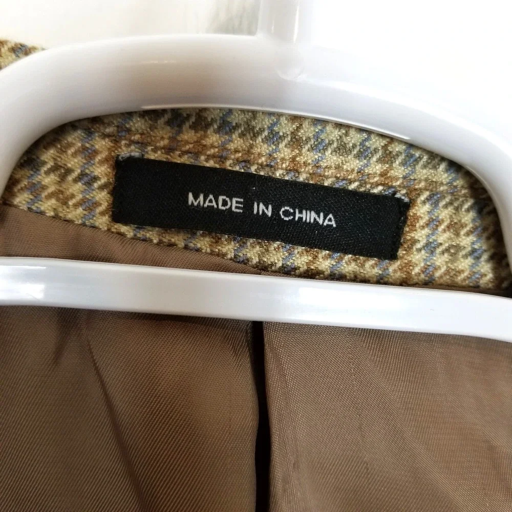 Chaps Men 100% Silk Houndstooth Blazer Jacket Sz 42 R‎ Beige Brown Sport Coat